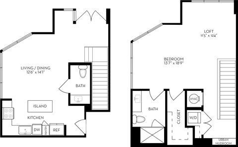 Floor plan for 1 bed, 1.5 baths, 1190 sqft